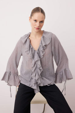 Trendyolmilla Bej F?rf?rl? Bohem Ince Pamuklu Kumas Uzun Kol Dokuma Bluz TWOSS25BZ00551 фото 8