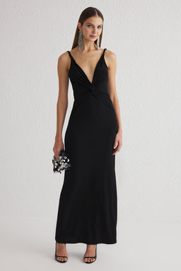 TRENDYOLMILLA Siyah Kruvaze Yaka Orme Uzun S?k Abiye Elbise TPRSS25AE00025  фото 9