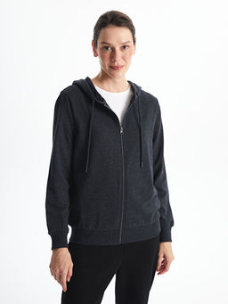 Kap??onlu D?z Uzun Kollu Kad?n Fermuarl? Sweatshirt