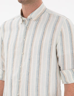 A__k Mavi Slim Fit _izgili Yakas_ D__meli %100 Keten G_mlek