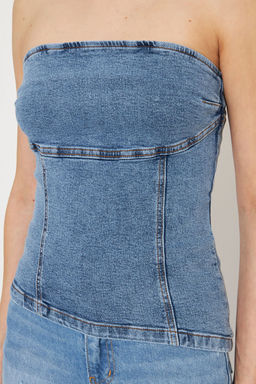 Trendyolmilla Mavi Straplez Yaka Asimetrik Denim Bluz TWOSS25BZ00066