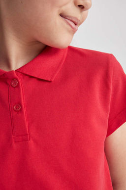 Хлопковая футболка-поло с короткими рукавами для девочек, красная футболка - Defacto фото 5