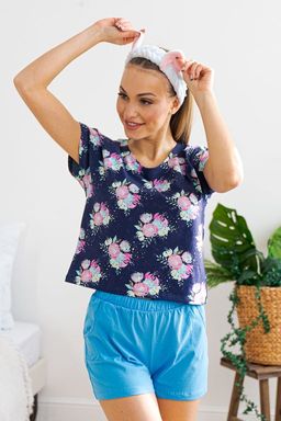 Комплект женский из футболки со спущенным плечом и шорт Fairy-tale цветы на темно-синем - Амадэль фото 2