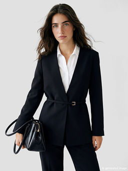 V Yaka Kemerli Kad?n Blazer Ceket