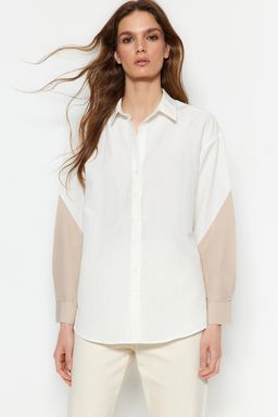 TRENDYOLMILLA Ekru Renk Bloklu Boyfriend Genis Kal?p Dokuma Gomlek TWOSS23GO00393  фото 8