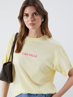 Bisiklet Yaka Bask?l? Oversize Kad?n Ti??rt