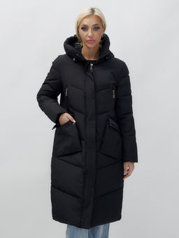 Пальто утепленное стеганное зимнее с капюшоном женское черного цвета 9639Ch - Mtforce фото 10