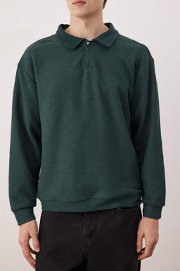 Petrol Yesili Yeni Oversize/Genis Kesim Polo Yaka Kal?n C?tc?tl? Sweatshirt TMNAW26SW00051