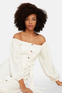 TRENDYOLMILLA Ekru Kusakl? Midi Dugmeli Kare Yaka Dokuma Keten Gorunumlu Elbise TWOSS19IE0009  фото 12