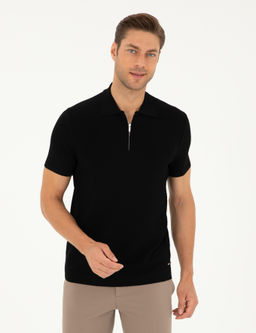 Siyah Slim Fit Fermuarl_ Polo Yaka Triko Ti__rt