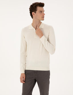 Ekru Slim Fit Polo Yaka Fermuarl_ Basic Triko Kazak - Pierre cardin фото 3