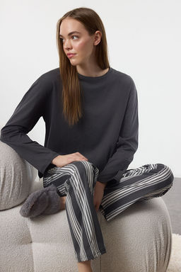 Trendyolmilla Antrasit %100 Pamuklu Cizgili Orme Pijama Tak?m? THMAW25PT00188  фото 14