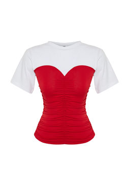 Trendyolmilla Renk Bloklu Fitted/Vucuda Oturan Buzgu Detayl? K?sa Kollu Esnek Orme Bluz TWOSS24BZ00421  фото 15