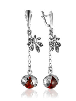 Чудесные серьги Божья коровка с янтарными подвесками на цепочках