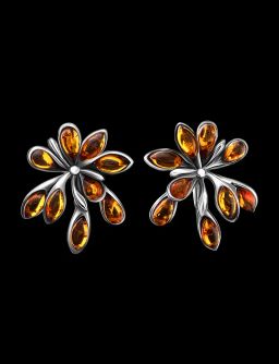 Крупные нарядные серьги из натурального коньячного янтаря в серебре Георгина - Амберхолл фото 2