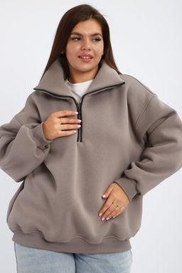 Толстовка женская из футера начес Комфорт серо-коричневый макси