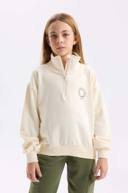 K?z Cocuk Relax Fit Yar?m Fermuarl? Bask?l? Sweatshirt - Defacto фото 2