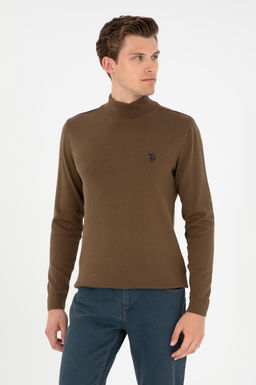 Erkek Slim Fit Yar_m Bo_azl_ Haki Basic Kazak