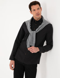 Siyah Slim Fit %100 Pamuk Yakas_ D__meli Flanel G_mlek