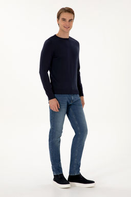 Erkek Slim Fit Bisiklet Yaka Lacivert Basic Kazak