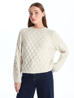 Bisiklet Yaka Kendinden Desenli Uzun Kollu Kad?n Triko Kazak