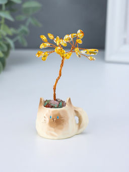 Денежное дерево декоративное «Сувенир бонсай. Котик-кружка», 12 жёлтых камней, 3.5×4.7×7.5 см
