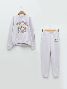 Bisiklet Yaka Bask?l? Uzun Kollu Oversize K?z ?ocuk Sweatshirt ve E?ofman Alt?