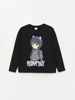 Bisiklet Yaka Bask?l? Uzun Kollu K?z ?ocuk Ti??rt