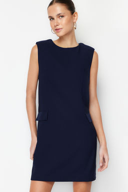 Lacivert Duz Kesim Kolsuz Mini Dokuma Elbise TWOSS24EL00391 - Trendyolmilla фото 3