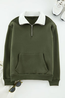 Haki Oversize/Genis Kesim Dik Yaka Fermuarl? Ici Polarl?/S?cak Tutan Sweatshirt TMNAW25SW00081