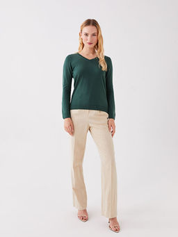 V Yaka D?z Uzun Kollu Kad?n Triko Kazak