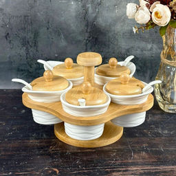 140-087 Набор из 5 банок 100 мл для специй с ложками на подставке BAMBOO в под.уп.(х12)Фарфор - Lenardi фото 4