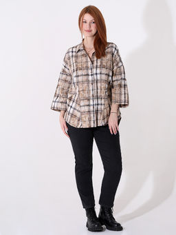 Бежевая рубашка в клетку женская - Almond фото 2