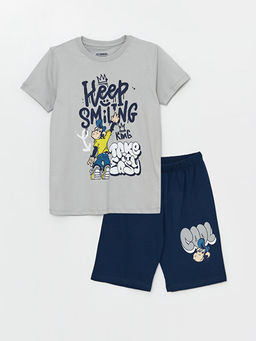 Bisiklet Yaka Nostaljik Maymun Bask?l? K?sa Kollu Erkek ?ocuk ?ortlu Pijama Tak?m?