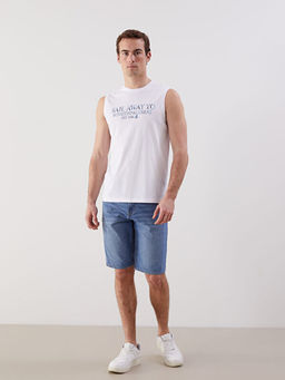 Bisiklet Yaka Bask?l? Erkek Kolsuz Ti??rt