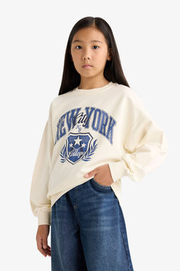 Relax Fit Bisiklet Yaka Bask_l_ Sweatshirt K_z _ocuk - Defacto фото 4
