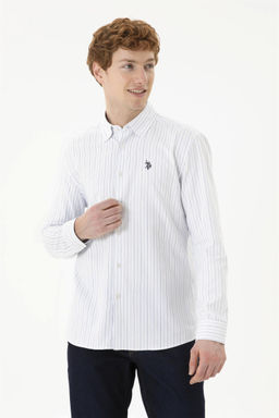 Мужская белая рубашка в синюю полоску