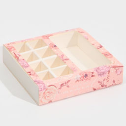 Цена за 5 шт. Коробка под 8 конфет и шоколад с ячейками, кондитерская упаковка, Розовые цветы 18?18?4 см
