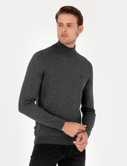 Antrasit Melanj Slim Fit Yar_m Bal_k__ Yaka Basic Triko Kazak