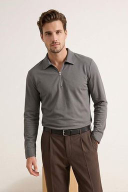 Antrasit Regular Fit Gabardin Polo Yaka Erkek G_mlek TMNSS26GO00003 - Trendyolmilla фото 2