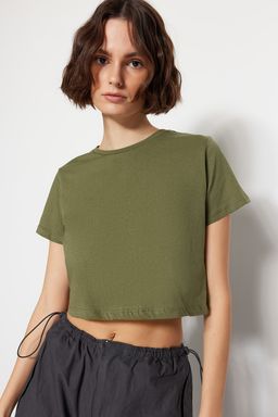 Haki-Beyaz 2li Paket %100 Pamuk Crop Bisiklet Yaka Orme T-Shirt TWOSS20TS1480