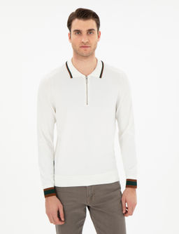 Ekru Slim Fit Fermuarl_ Polo Yaka Kazak