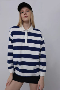 Блузка-поло в широкую горизонтальную бело-зеленую полоску - Incity фото 10