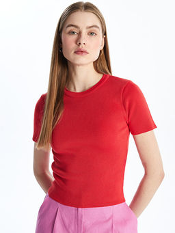 Bisiklet Yaka D?z K?sa Kollu Kad?n Triko Kazak