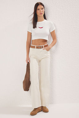 Premium Ekru Biber Nak?sl? Viskoz/Yumusak Kumas Crop Bisiklet Yaka Esnek Orme Bluz TWOSS23BZ00198