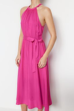 TRENDYOLMILLA Ac?k Kahverengi Kusakl? Duz Beli lastikli Kusakl? Midi Dokuma Elbise TWOSS19EL0155  фото 29