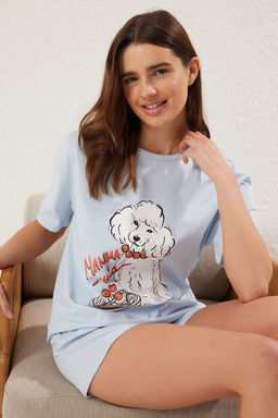 Trendyolmilla Mavi %100 Pamuklu Kopekli ve Sloganl? Sortlu Orme Pijama Tak?m? THMSS25PT00272