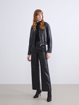 G?mlek Yaka Kad?n Deri G?r?n?ml? Ceket