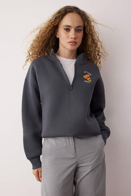 Antrasit Kal?n Ici Polarl? Fermuarl? Dik Yaka Pizza Bask?l? Orme Sweatshirt TWOAW26SW00182 - Trendyolmilla фото 2