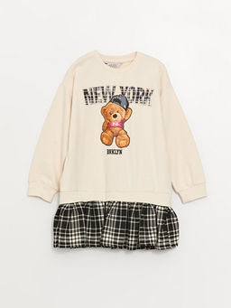 Bisiklet Yaka Bask?l? Uzun Kollu K?z ?ocuk Elbise